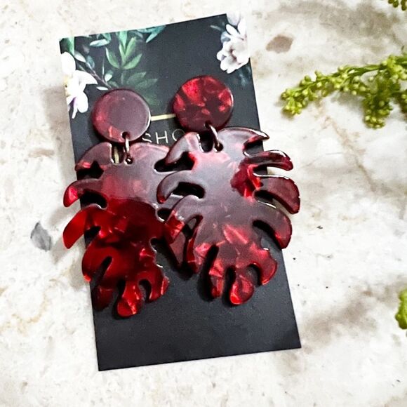 Ruby Monstera Leaf Resin Earrings - Picture 2 of 7